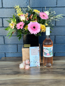 Rose Wine Hamper with Flowers and Chocolate