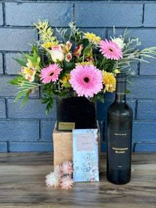 White Wine Hamper with Flowers and Chocolate