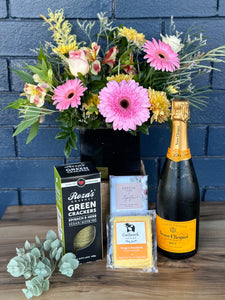Champagne Hamper including Flowers, Crackers, Cheese and Chocolate