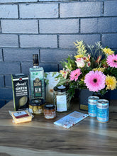 Load image into Gallery viewer, Kalki Moon Classic Gin Hamper includes Flowers, Crackers, Cheese, Olives, Fruit Paste, Macadamia Nuts, Dried Limes, Chocolate and Tonic Water
