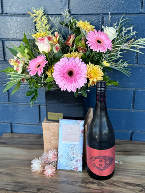 Red Wine Hamper with Flowers and Chocolate