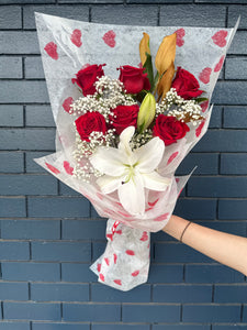 Valentine's Day - Red Roses and Lily Bouquet